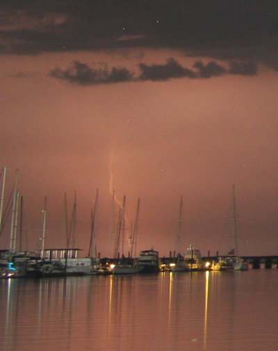 inset crop of previous image showing faintly visible lightning bolt over Pamlico River