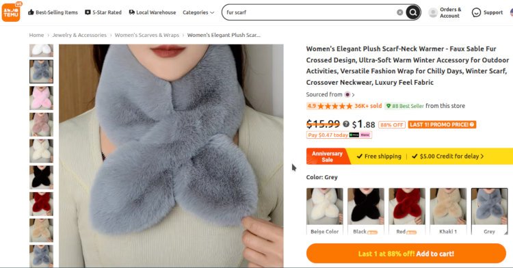 Temu ad for fur scarf