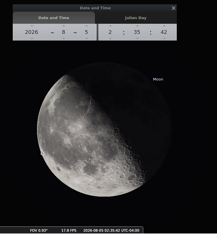 screen capture from Stellarium indicting rough location of Falcon 9 upper stage impact site on the moon, 06:35:42 UTC August 5, 2026