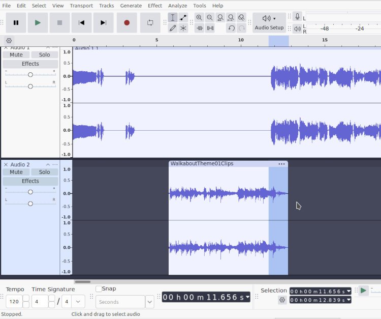 Screenshot of Audacity showing multi-track music intro