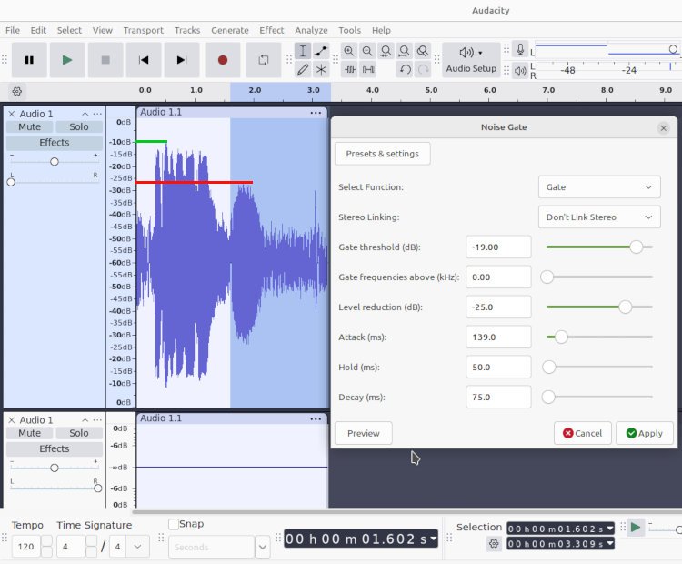 author's settings for Noise Gate in Audacity