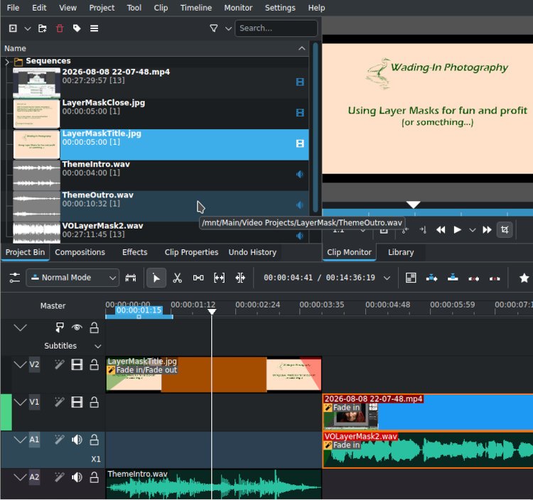 screen capture of Kdenlive edit showing audio and video track positions