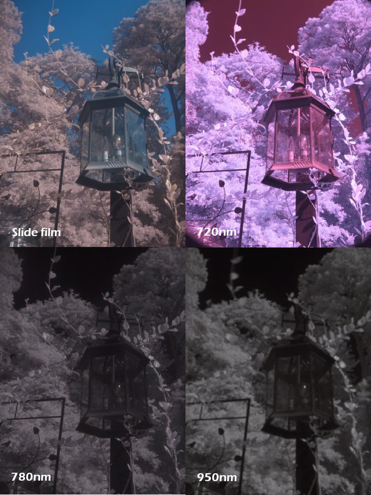 same view through four different IR filters: slide film, 720nm, 780nm, and 950nm
