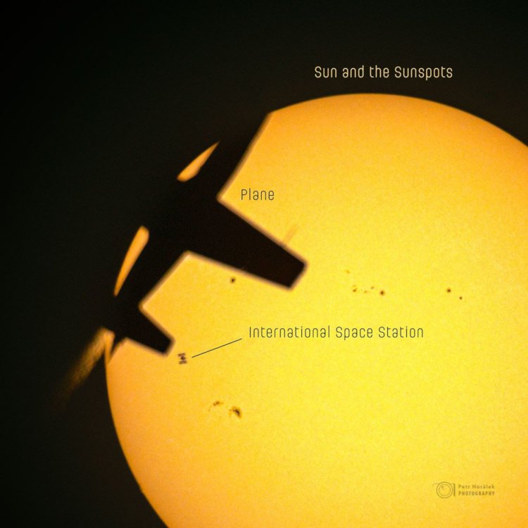 ISS and aircraft occulting sun simultaneously, by Petr Horalek from Astronomy Picture of the Day 