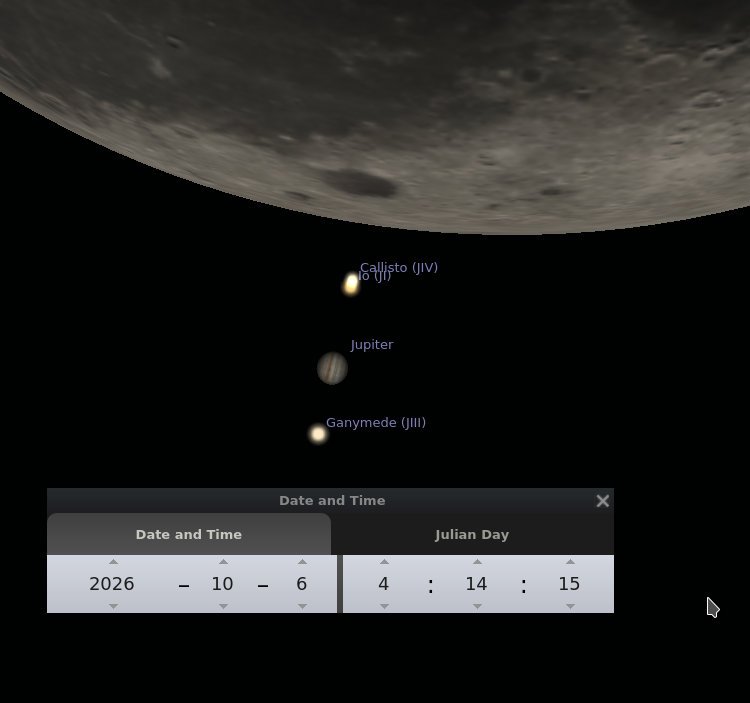 Stellarium screenshot of moon about to occult Jupiter and the Jovian moons, October 6, 2026